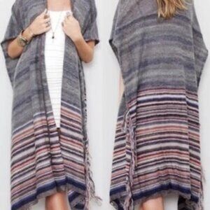 Free People Latitude 30 Long Grey Knit Rainbow Wrap Poncho Shawl Fringe Trim * S